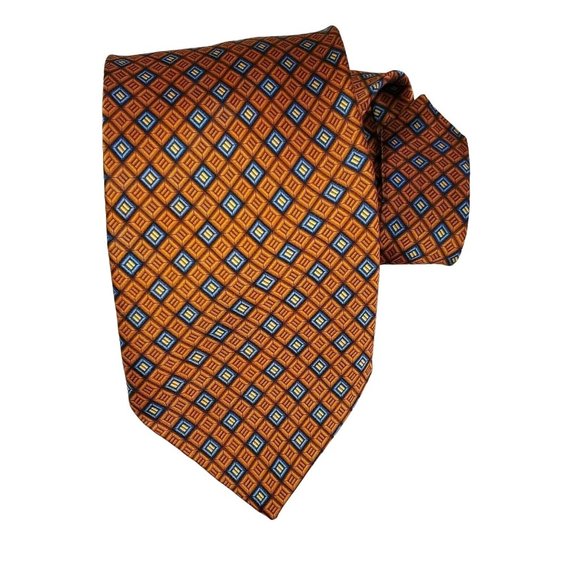 Nautica Brown Blue Geometric Diamonds Pattern 100% Silk Tie M7922 - Picture 1 of 12